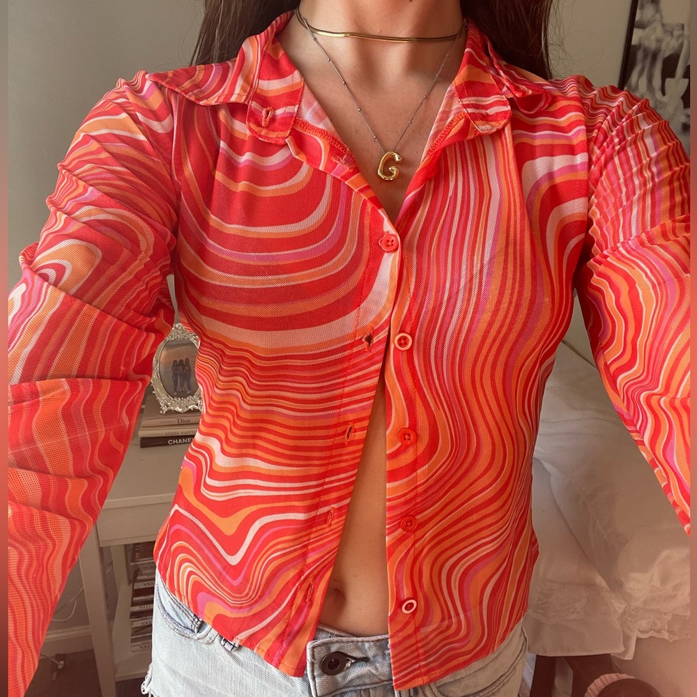 Motel Rocks Sheer 70s Neon Swirl Long Sleeve Top Women’s S
